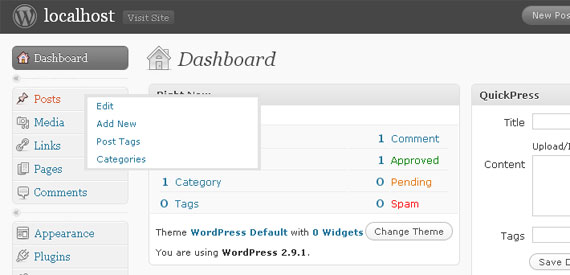 Pop menus WordPress dashboard