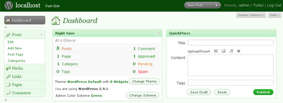 WordPress dashboard green color scheme